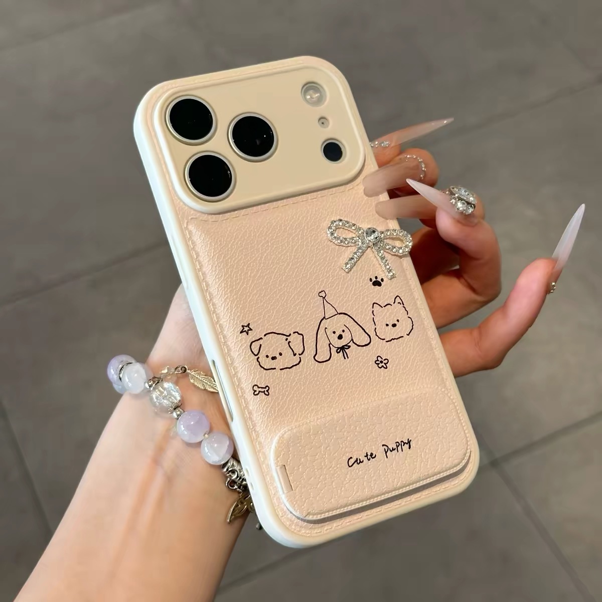 Ốp lưng Cute Puppy nơ đính đá kèm có gương_O155 (Iphone, Huawei, Honor, OPPO, Vivo, Xiaomi & Redmi)