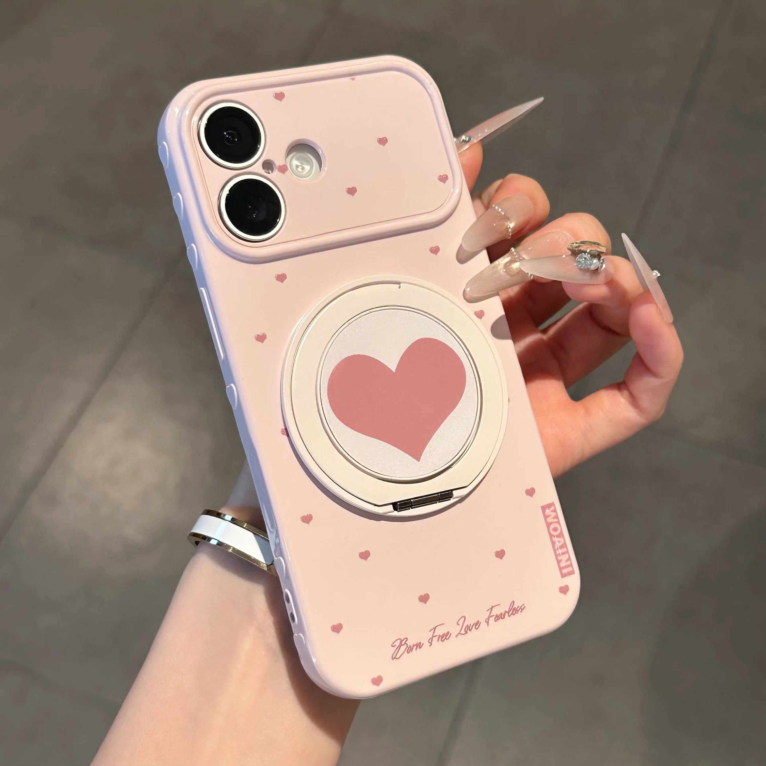 Ốp lưng iPhone tim hồng pastel kèm giá đỡ điện thoại_O151 (Iphone, Huawei, Honor, OPPO, Vivo, Xiaomi & Redmi)