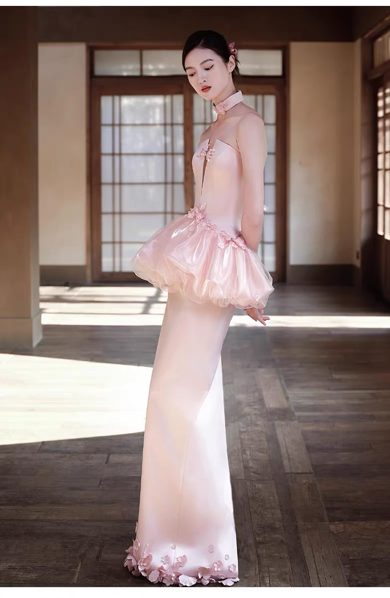 Váy dự tiệc hồng pastel cúp ngực peplum_I117