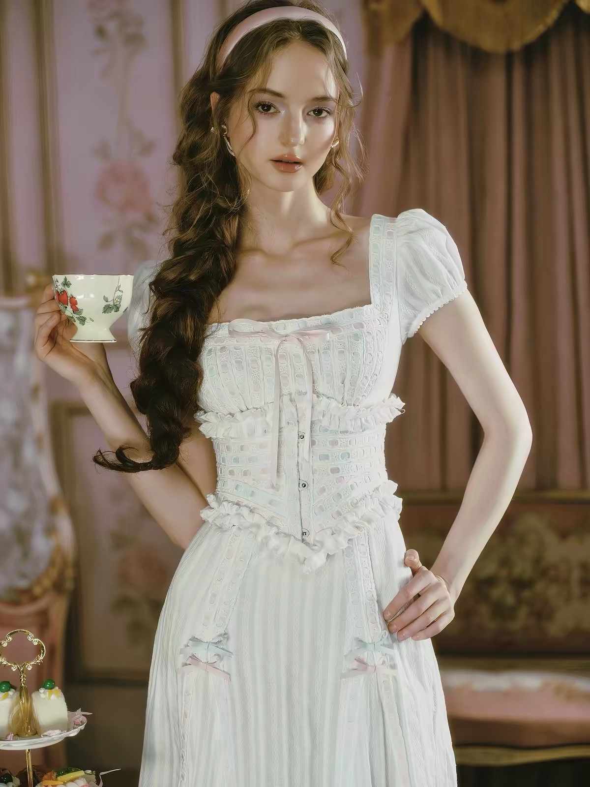 LaceMade váy phồng cổ vuông thắt nơ eo_Y107