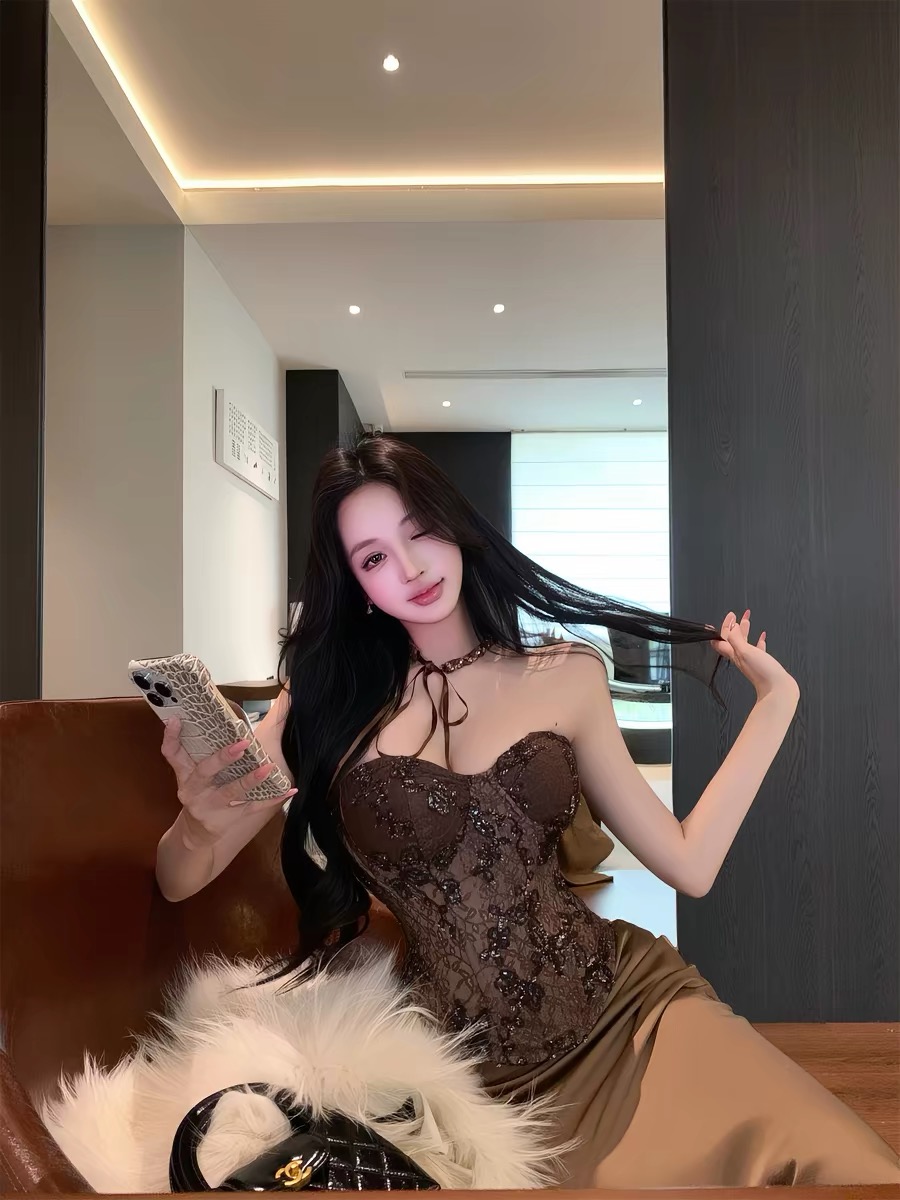 Áo corset ren phối chân váy lụa dài_V37