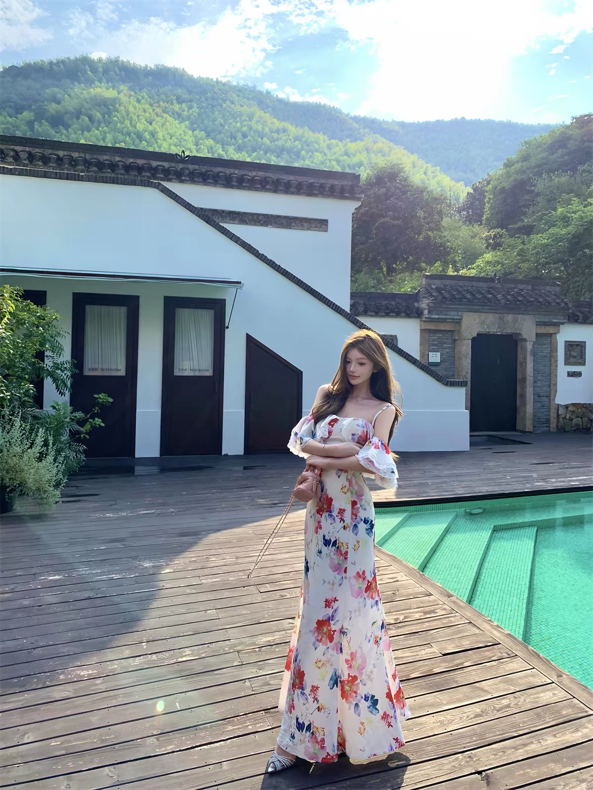 Váy maxi hoa tay phồng trễ vai_Y96