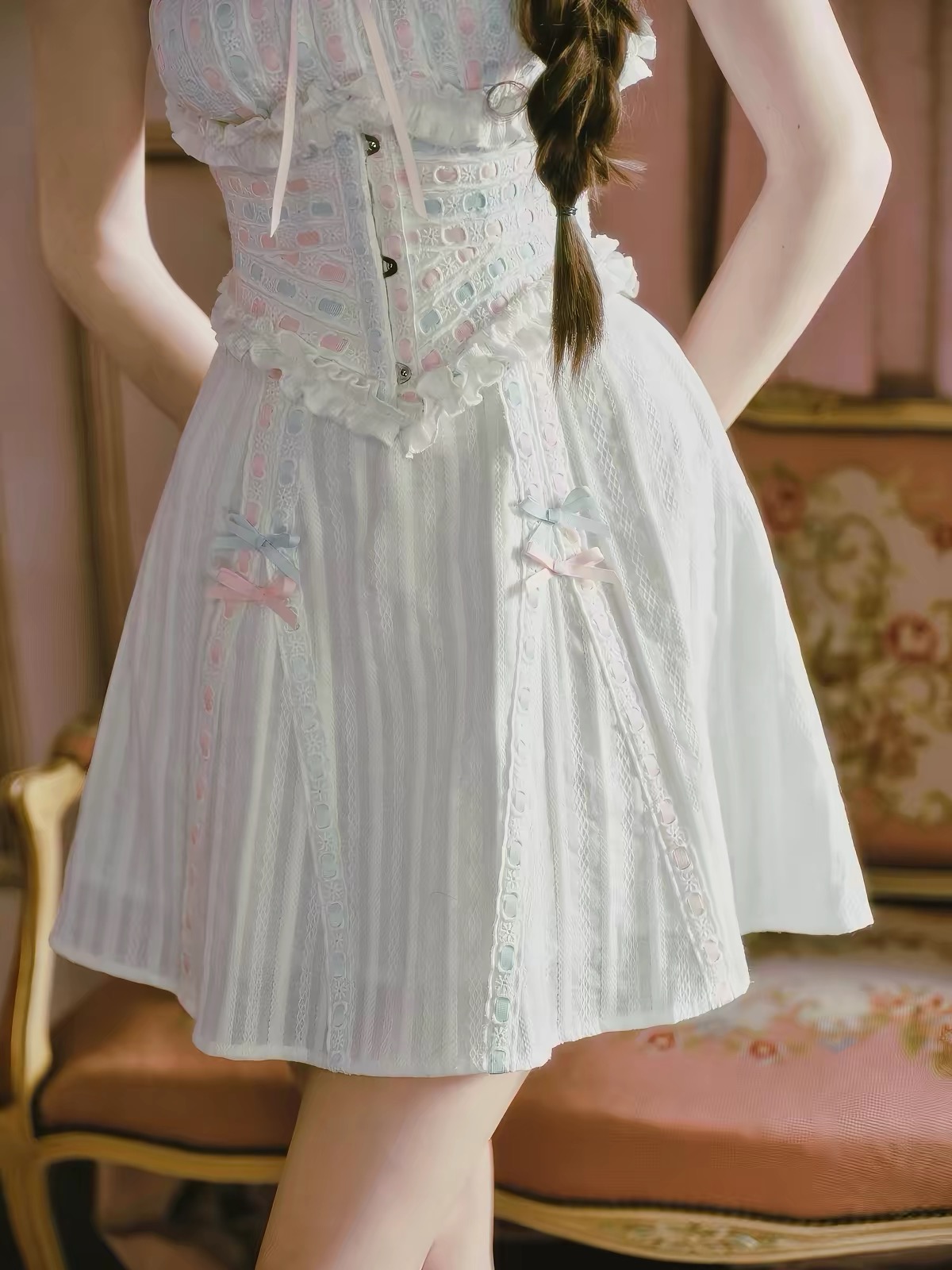 LaceMade váy phồng cổ vuông thắt nơ eo_Y107