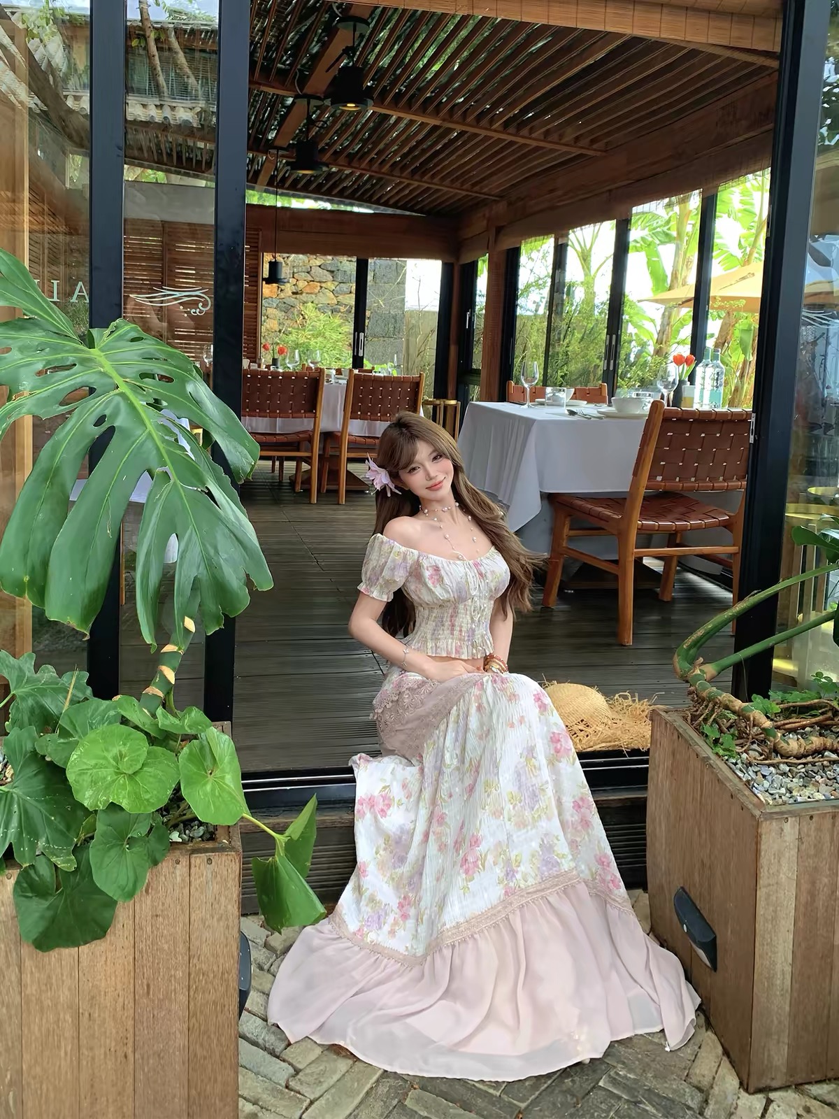 Áo croptop trễ vai phối chân váy maxi_Y98