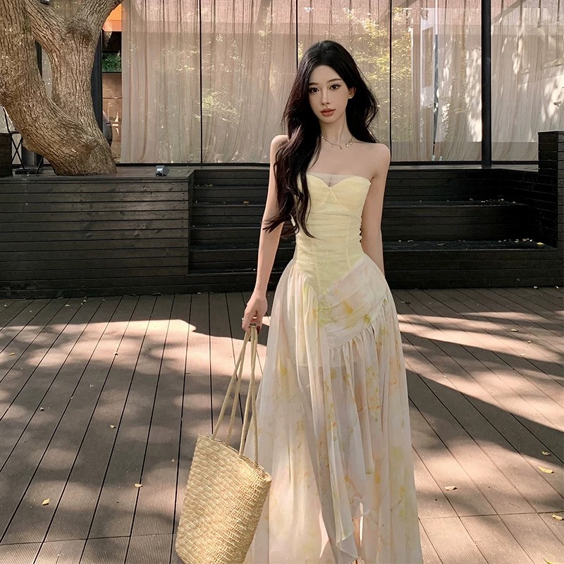 Váy cúp ngực voan tầng vàng kem tiểu thư_Y29