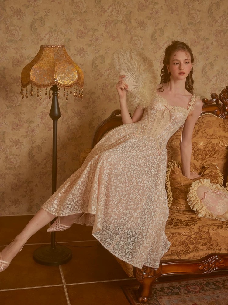 Lacemade váy ren hoa dáng dài corset tiểu thư cổ điển_Y23