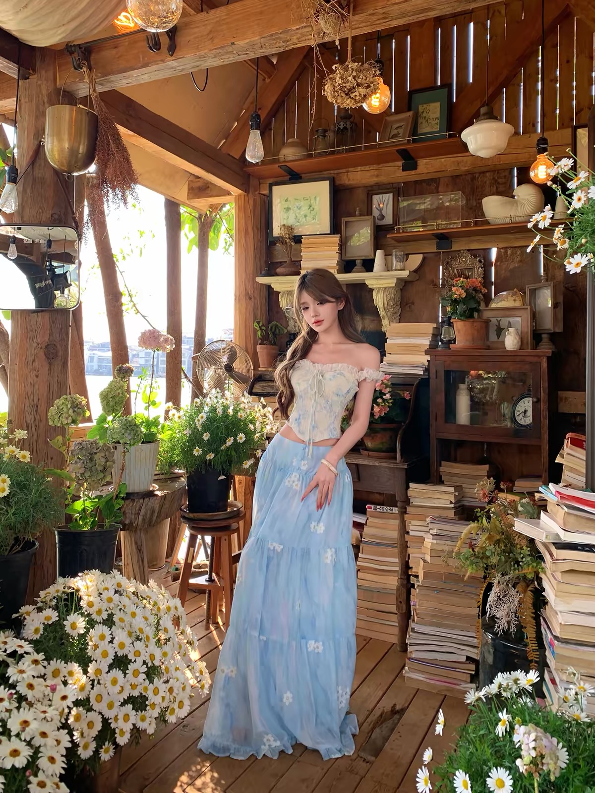 Áo hai dây phối chân váy maxi họa tiết hoa_V57
