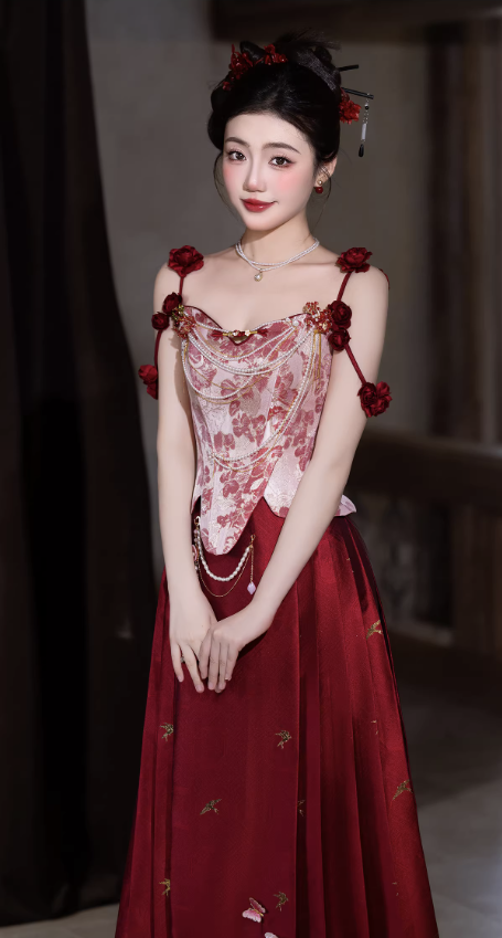 Váy cổ điển thêu hoa phối chuỗi trang trí_I46