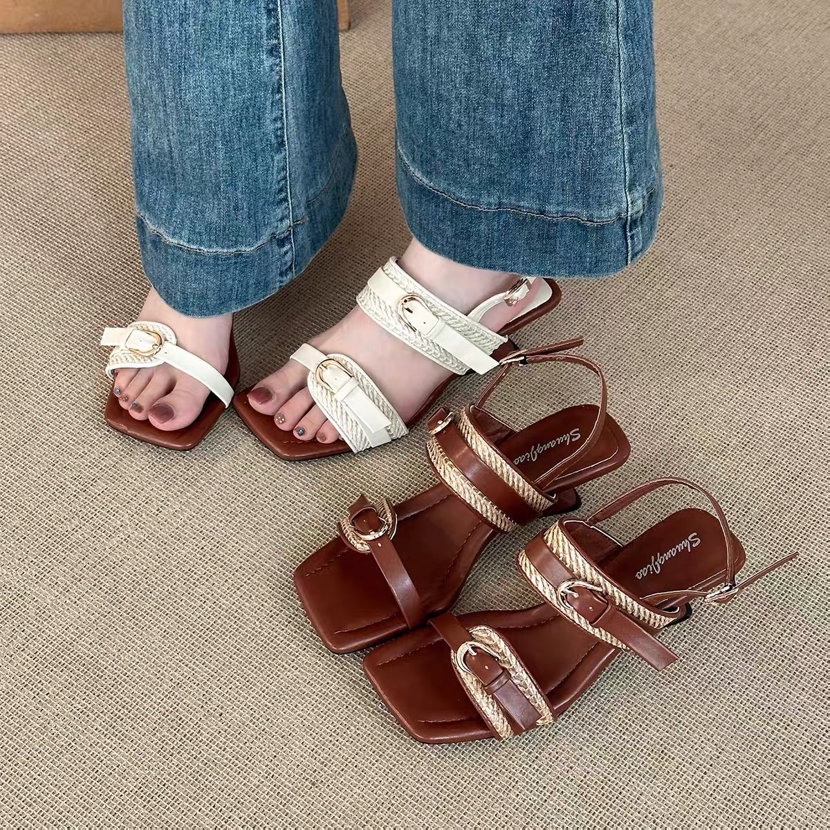 Giày sandal quai ngang phối dây đan thanh lịch_D01