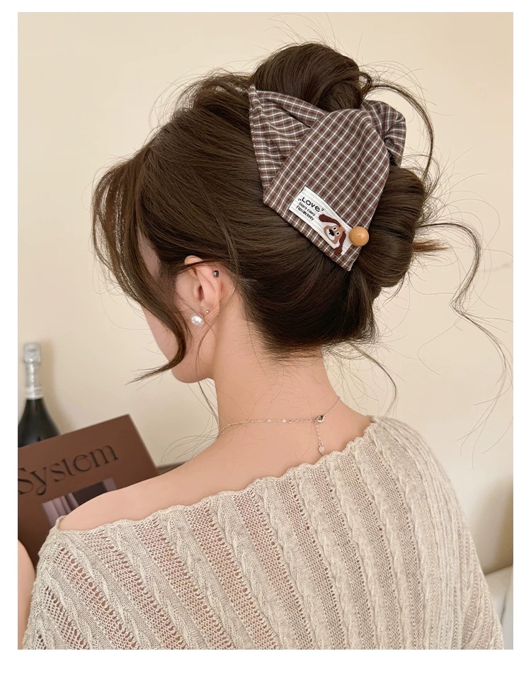Kẹp tóc nơ caro đính tag cún dễ thương_T10