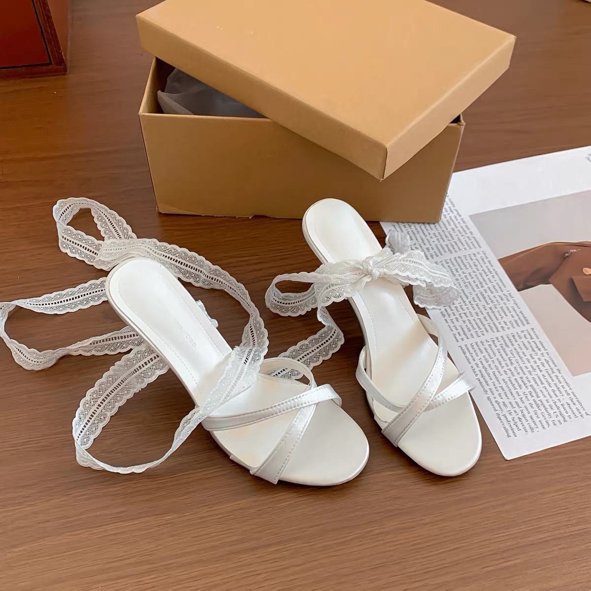Giày cao gót sandal quai ren buộc nơ_C03