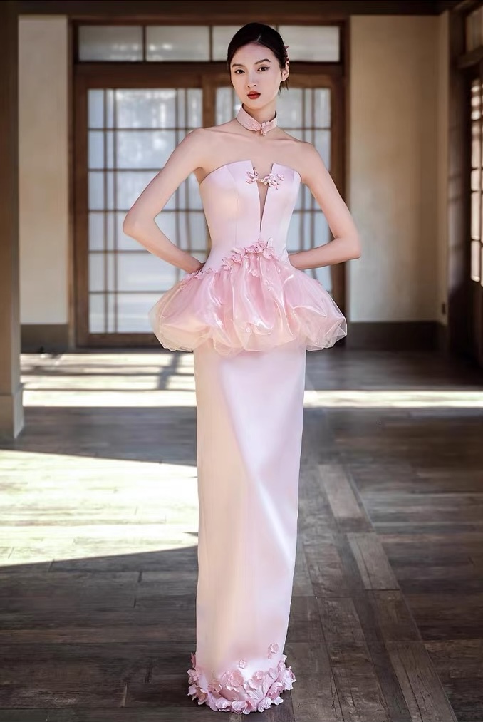 Váy dự tiệc hồng pastel cúp ngực peplum_I117
