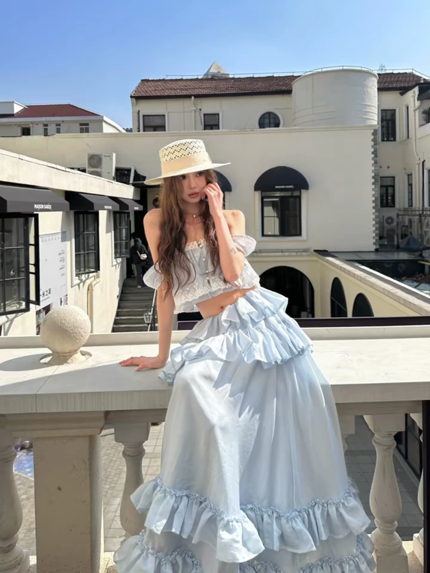 Váy maxi trễ vai phối bèo tầng nữ tính_Y115