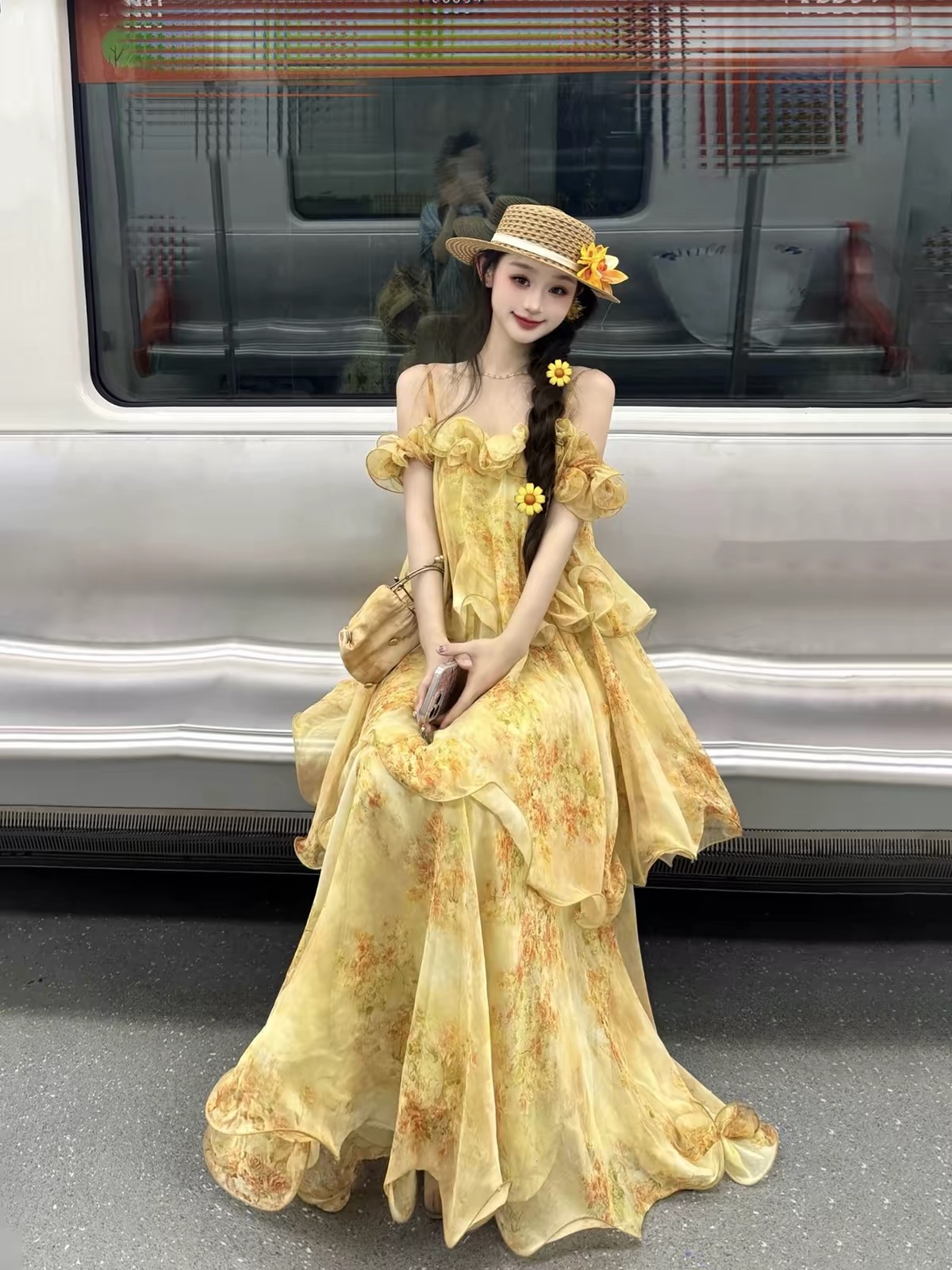 Váy maxi voan trễ vai bèo tầng_Y94