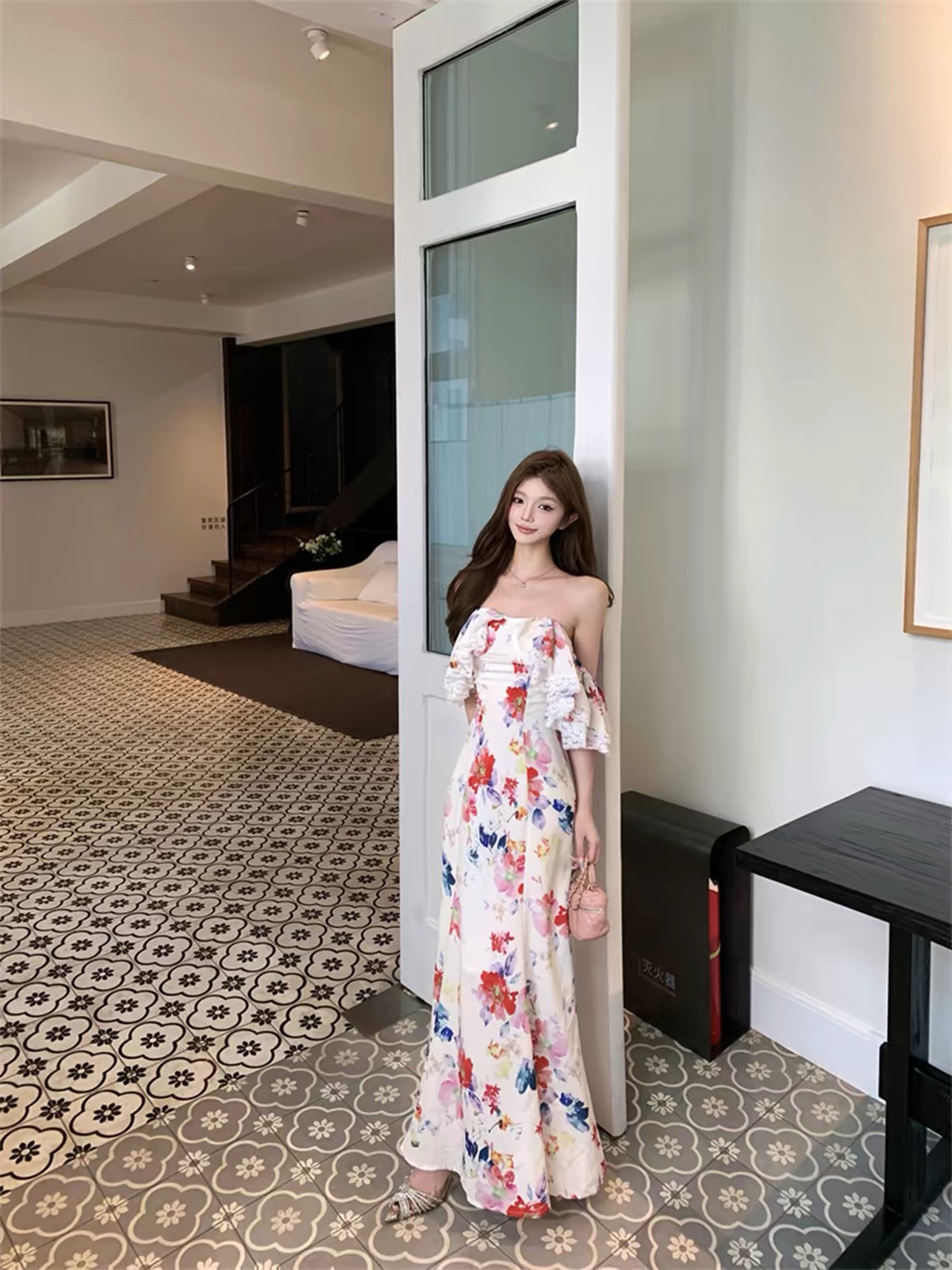 Váy maxi hoa tay phồng trễ vai_Y96