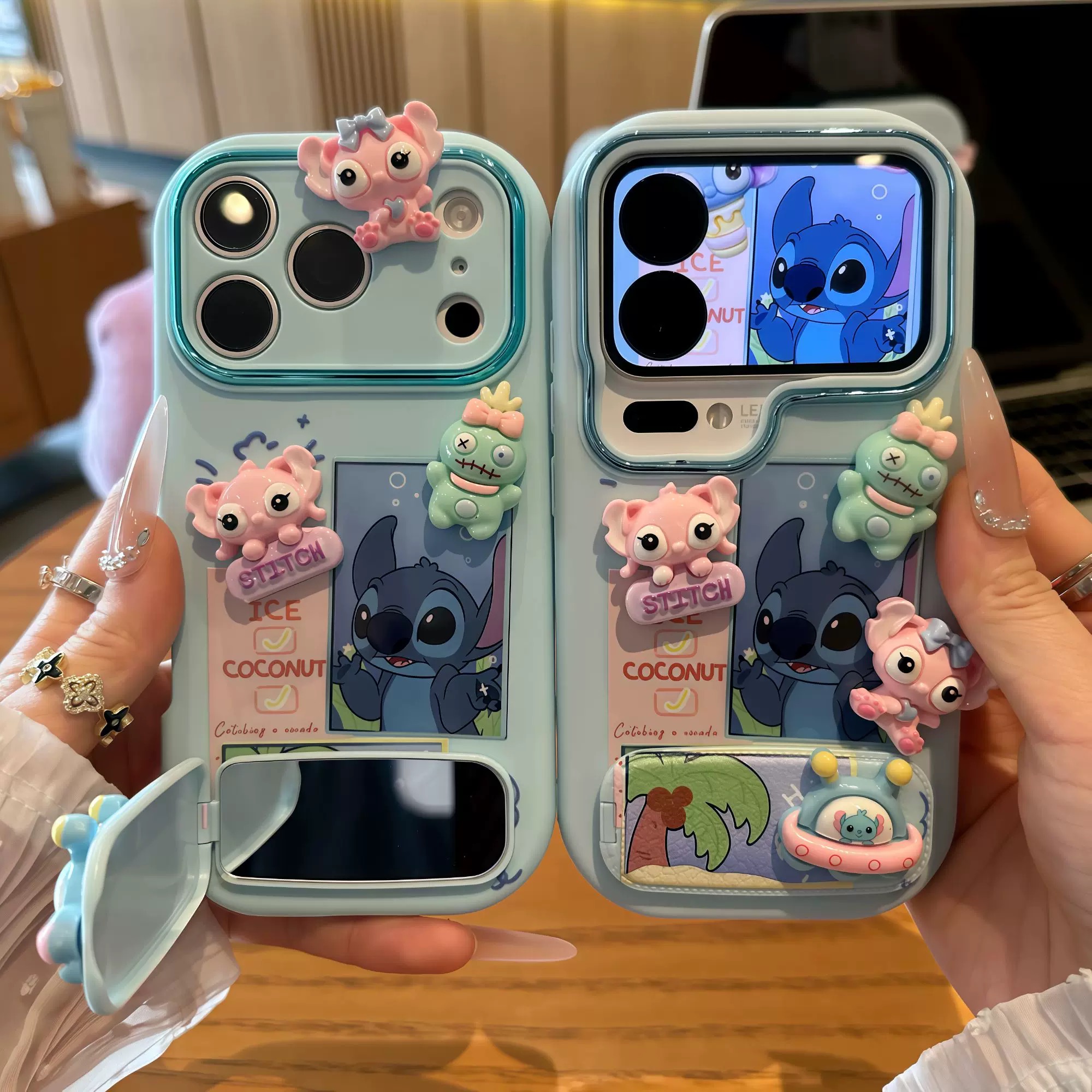 Ốp lưng Stitch hoạt hình kèm gương_O140 (Iphone, Huawei, Honor, OPPO, Vivo, Xiaomi & Redmi)