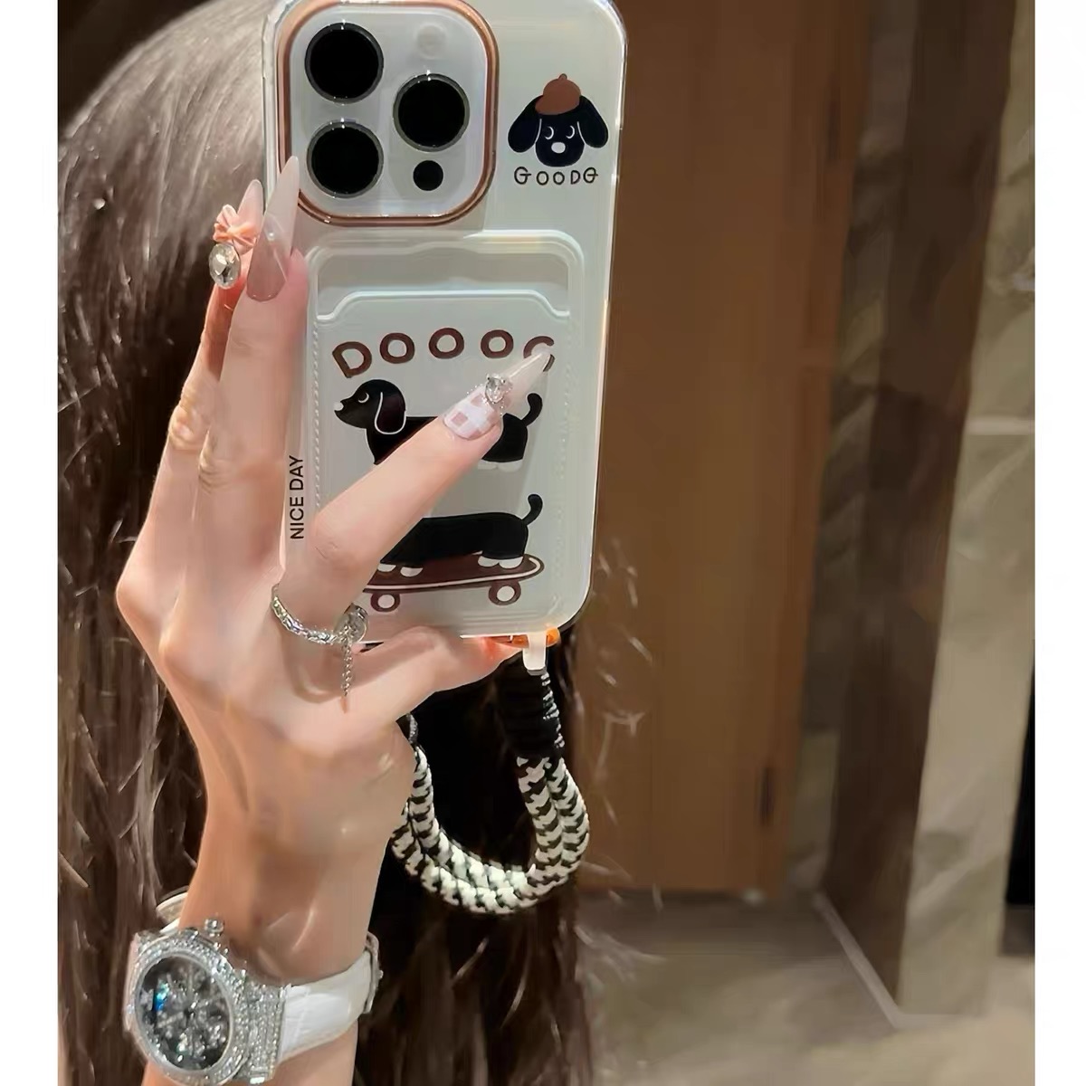 Ốp lưng điện thoại ngăn thẻ hình cún Doodle kèm dây đeo_O161 (Iphone, Huawei, Honor, OPPO, Vivo, Xiaomi & Redmi)