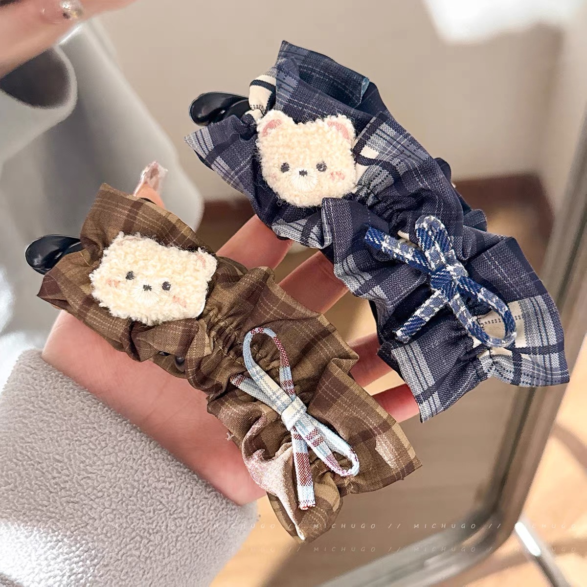 Kẹp tóc caro nơ phối gấu bông dễ thương_T36