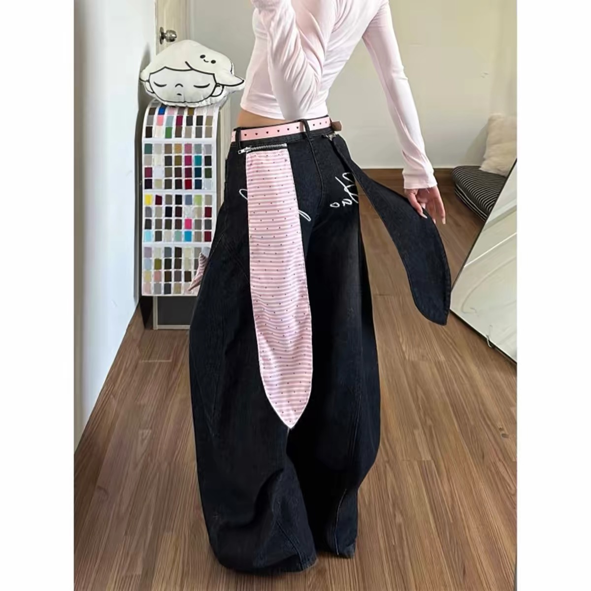 Quần jean ống rộng phối khăn buộc_E08