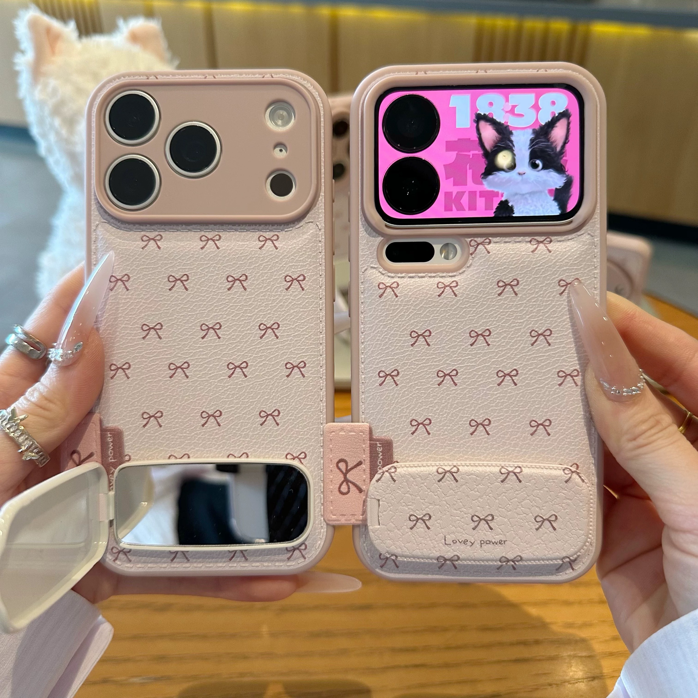Ốp lưng da vân họa tiết nơ kèm gương_O02 (Iphone, Huawei, Honor, OPPO, Vivo, Xiaomi & Redmi)