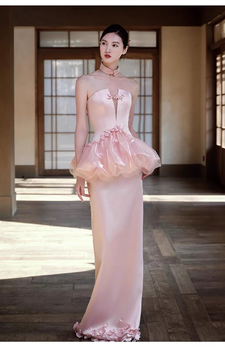 Váy dự tiệc hồng pastel cúp ngực peplum_I117