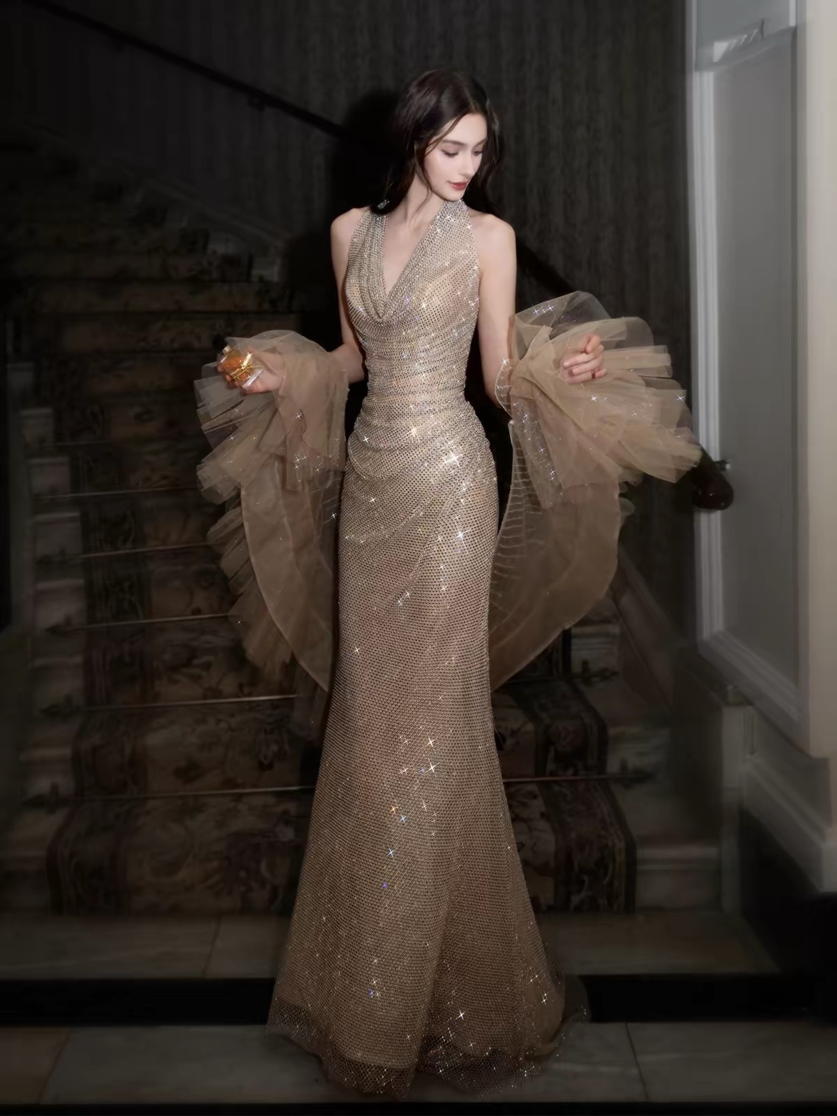 Váy dạ hội ánh kim đính lưới tua rua sang trọng_I116