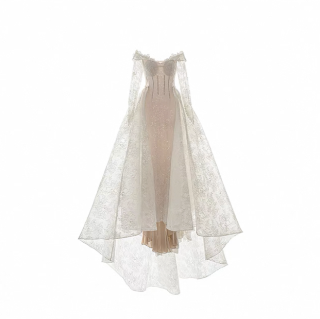 Váy cưới công chúa ren kim tuyến tay dài_I05