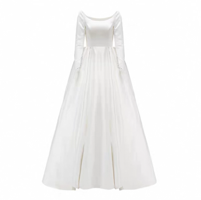 Váy cưới công chúa satin cổ thuyền dáng phồng tay ren_I14