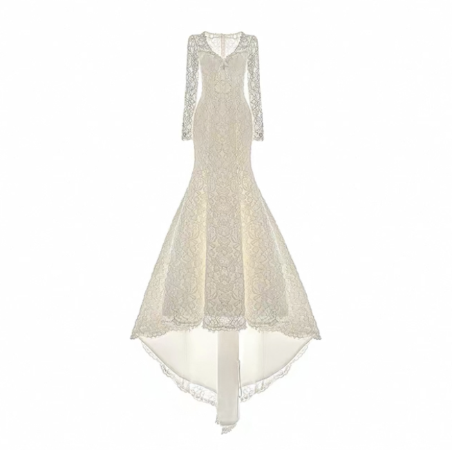 Váy cưới ren đuôi cá tay dài cổ V thanh lịch_I15