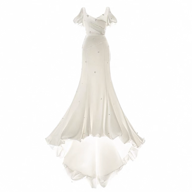 Váy cưới satin đuôi cá tay bồng đính ngọc vintage_I16