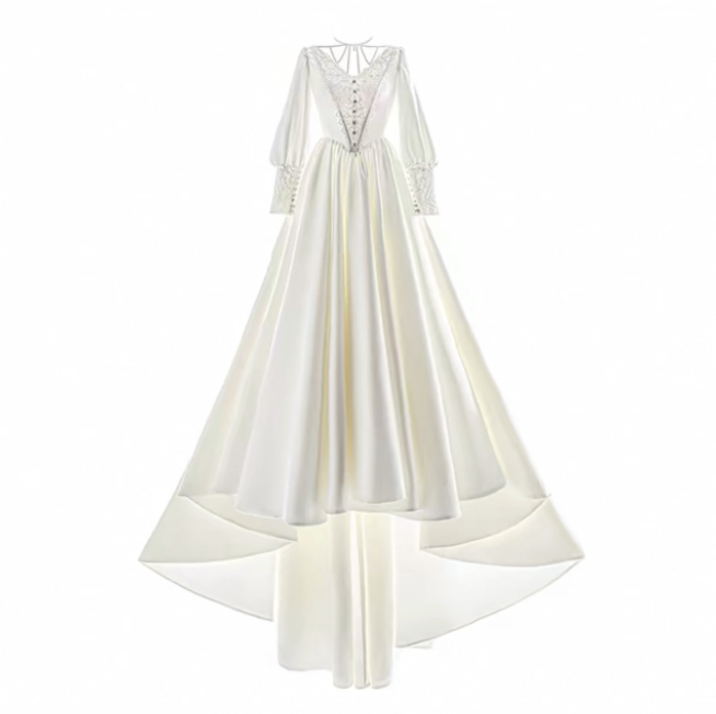 Váy cưới satin cổ V lưng đính ngọc trai_I22