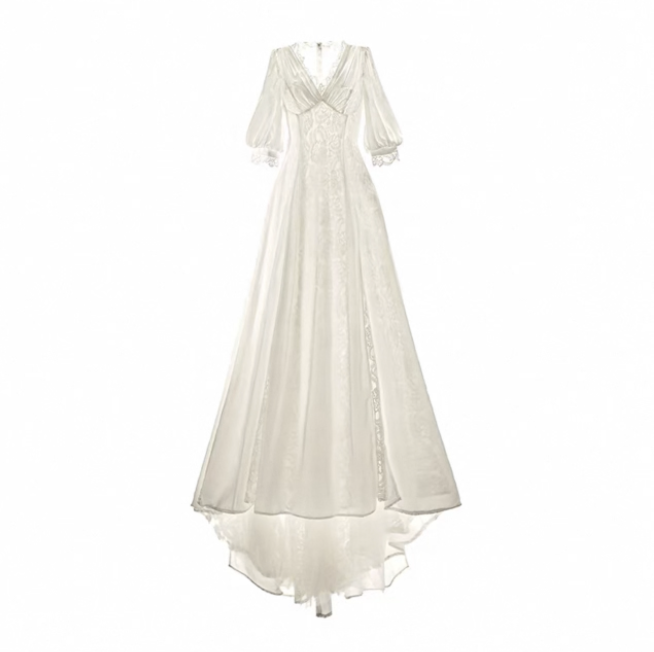 Váy cưới cổ V tay lửng ren vintage_I25