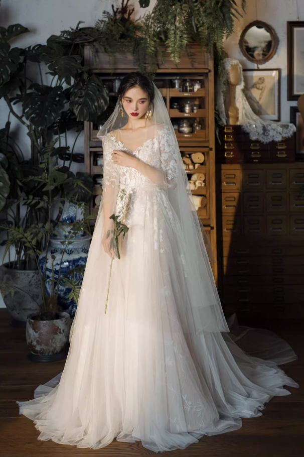 Váy cưới ren tay dài dáng công chúa thanh lịch_I29