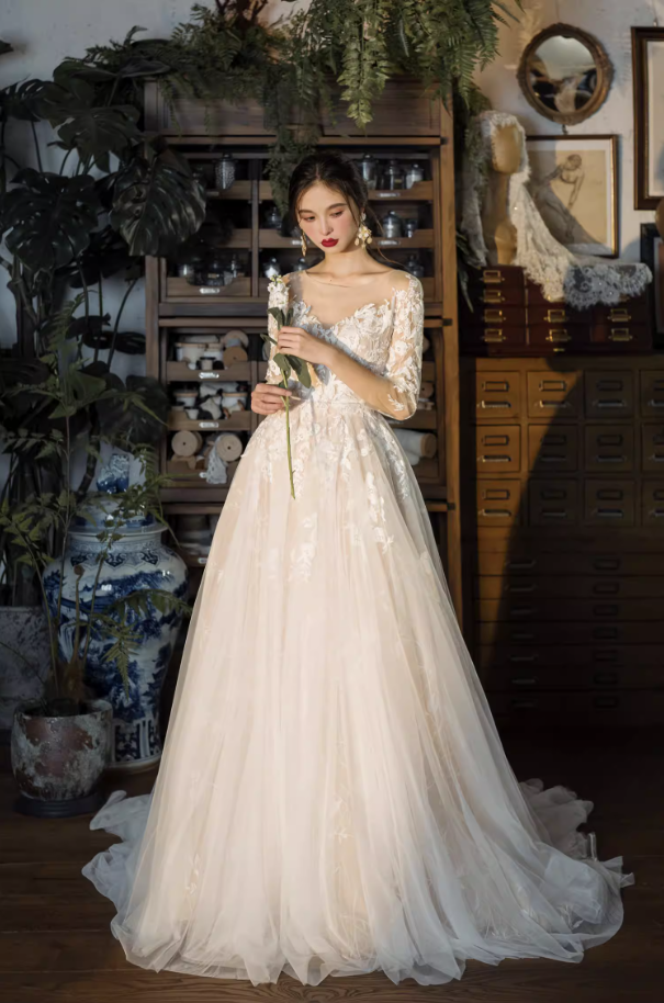 Váy cưới ren tay dài dáng công chúa thanh lịch_I29