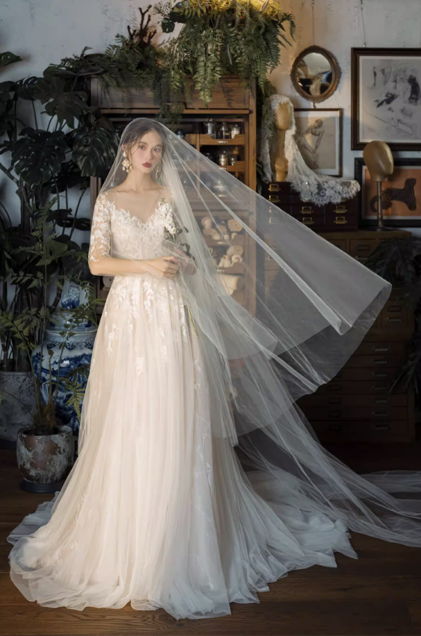 Váy cưới ren tay dài dáng công chúa thanh lịch_I29