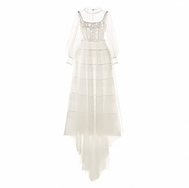 Váy cưới ren cổ cao dáng dài thanh lịch_I28