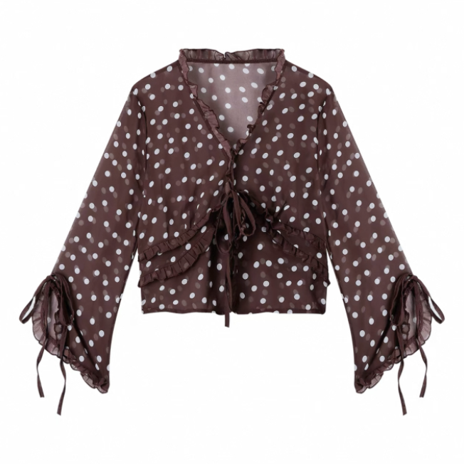 Áo chấm bi tay bồng phối chân váy midi nữ tính_V10