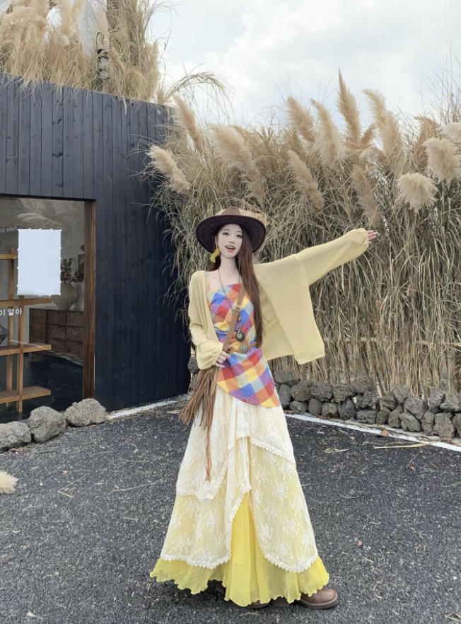 Đầm maxi nhiều tầng phối ren phong cách vintage boho_V14