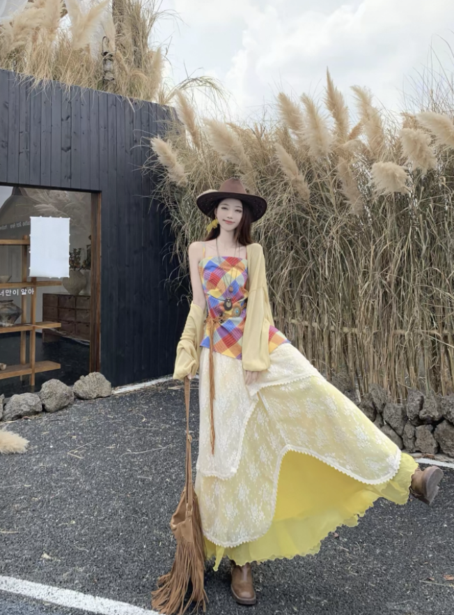 Đầm maxi nhiều tầng phối ren phong cách vintage boho_V14