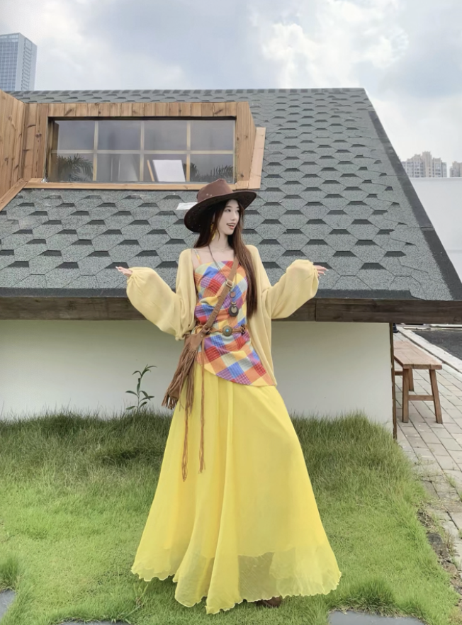 Đầm maxi nhiều tầng phối ren phong cách vintage boho_V14