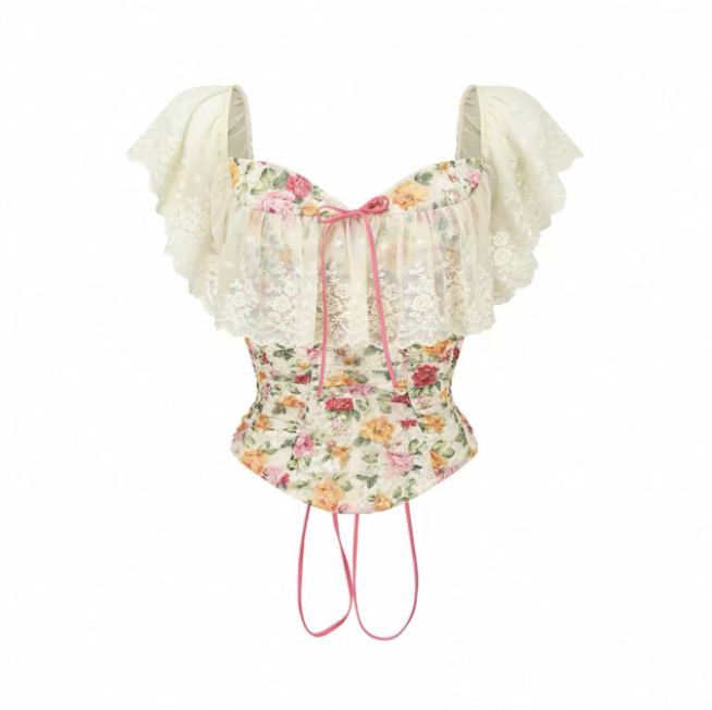 LaceMade váy hoa nhí phối ren vintage_V39