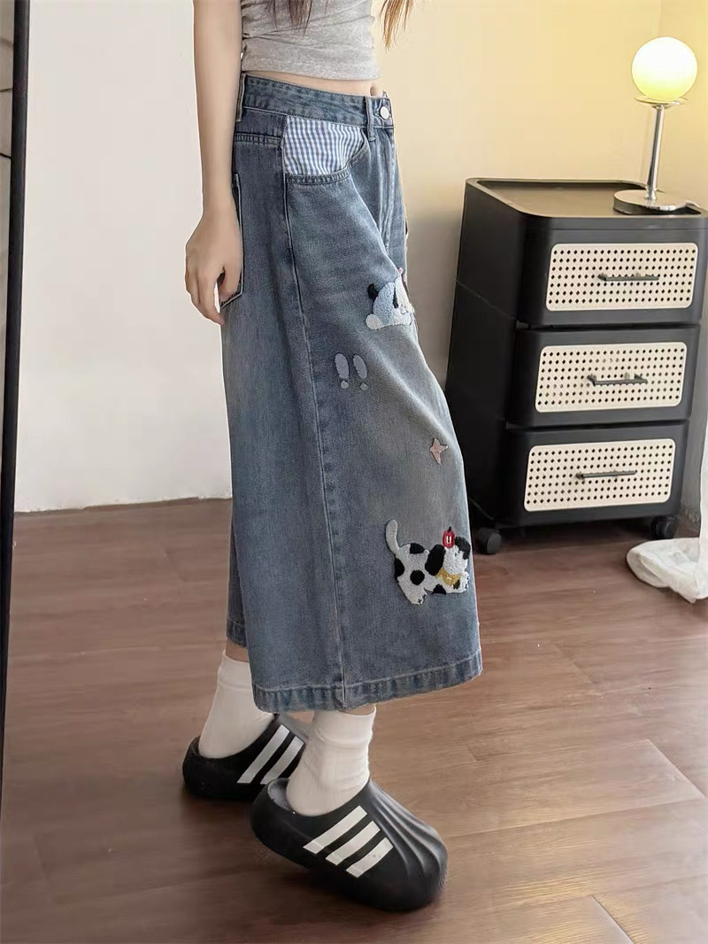 Quần jeans ống rộng thêu cún đáng yêu_E10