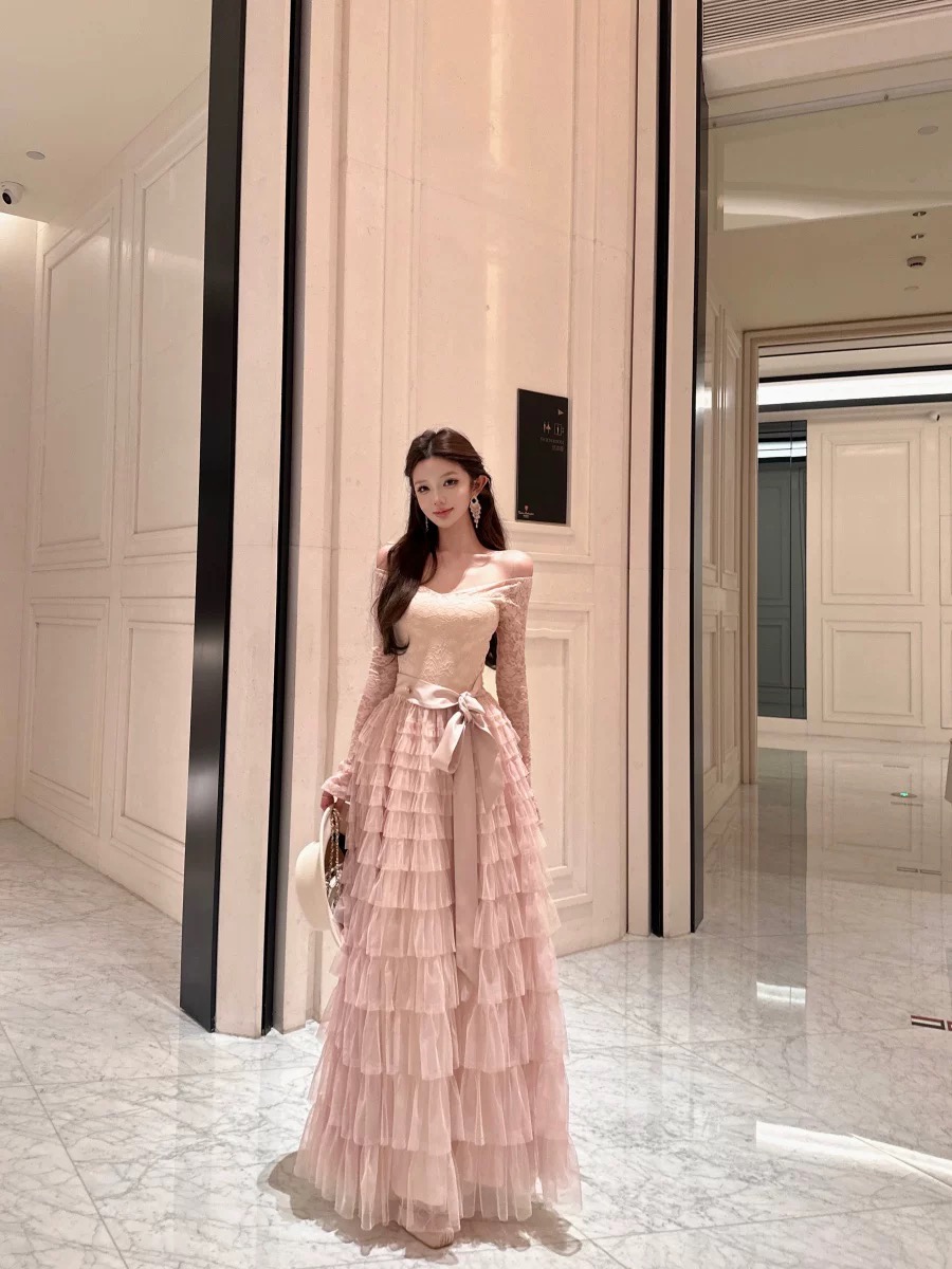 Váy ren tầng dáng dài thắt nơ eo tiểu thư_Y11