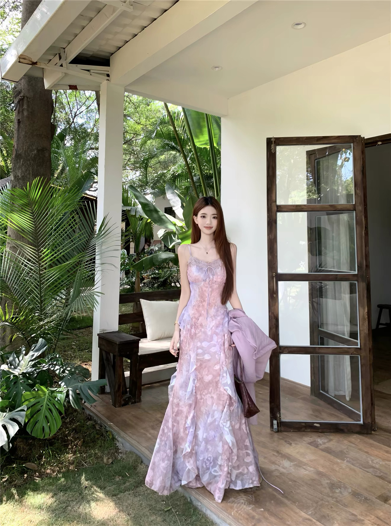 Váy hoa loang phối khắn choàng voan_V43
