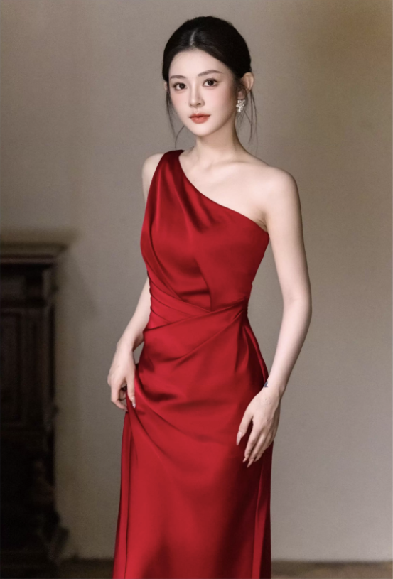 Váy lụa cổ yếm lệch vai thanh lịch_I59