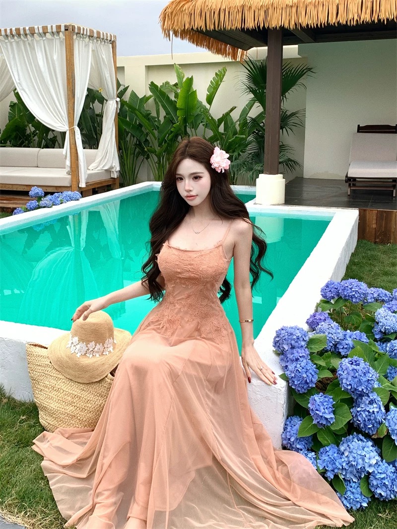 Váy maxi 2 dây dáng dài xòe ren voan thanh lịch nữ tính_Y16