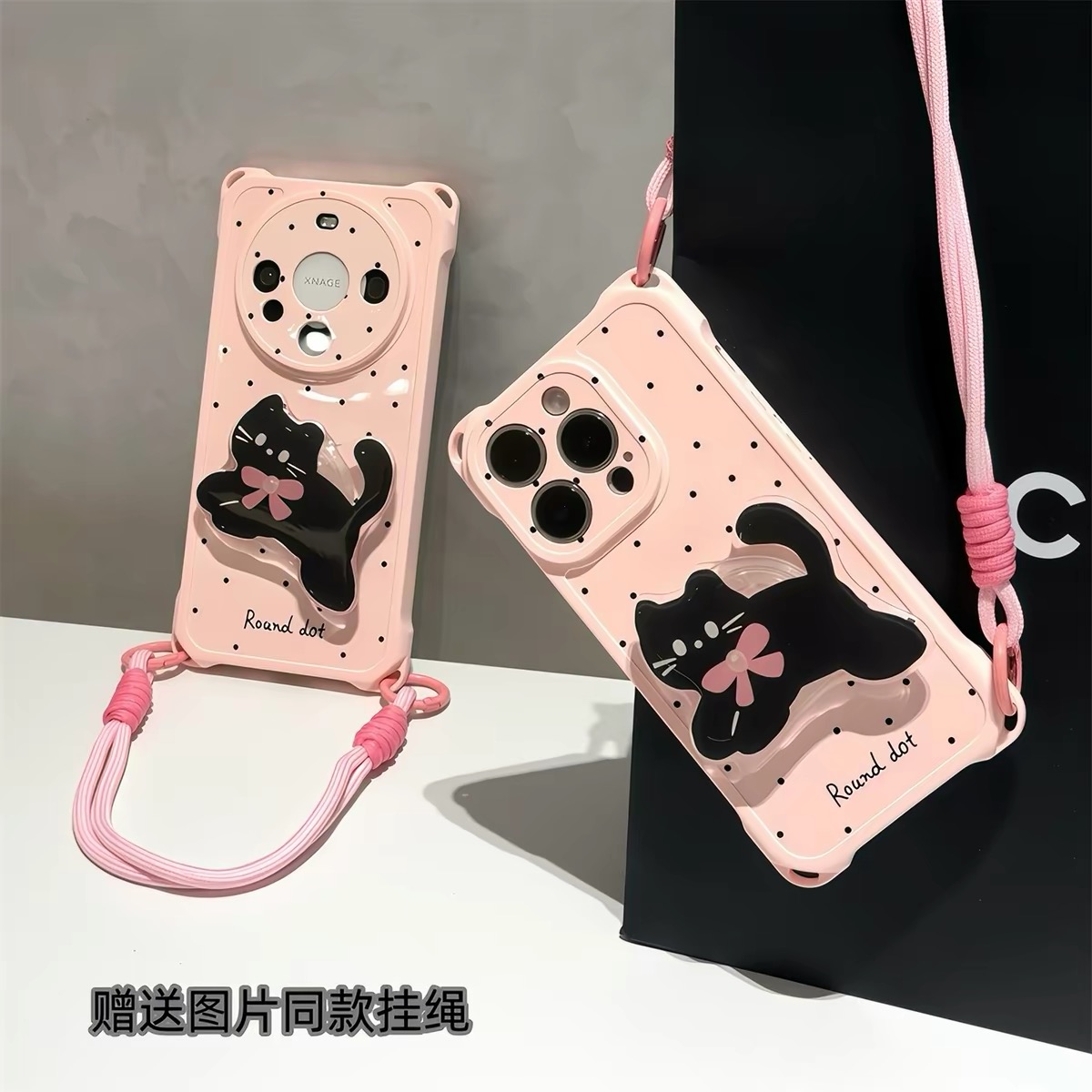 Ốp lưng mèo đen nơ hồng kèm dây đeo_O222 (Iphone, Huawei, Honor, OPPO, Vivo, Xiaomi & Redmi)
