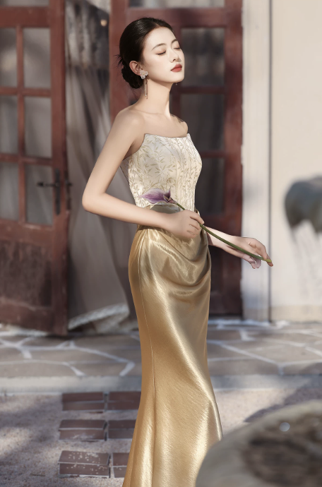 Váy cúp ngực dáng dài satin thêu sang trọng_I58