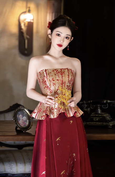 Váy dài corset họa tiết thêu cổ điển_I49