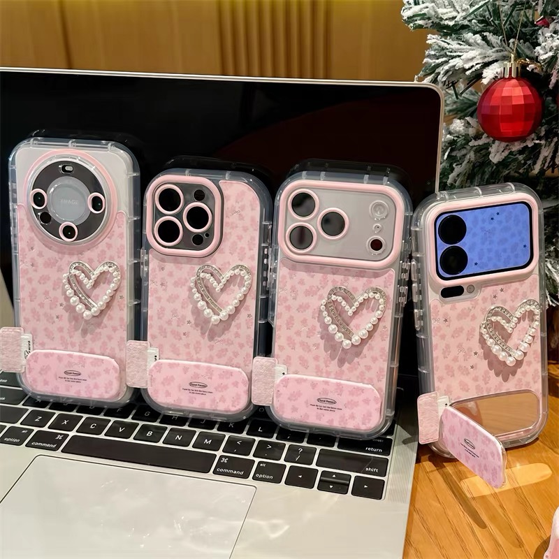 Ốp lưng hoa nhỏ trái tim ngọc trai kèm gương_O207 (Iphone, Huawei, Honor, OPPO, Vivo, Xiaomi & Redmi)